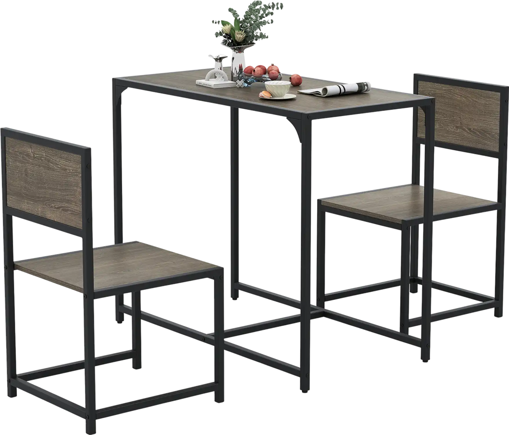 Compact 3-piece dining set with oak finish, featuring a metal frame table and two chairs for small spaces.