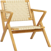Teak wood patio chair with webbing seat and backrest, featuring wide armrests and slanted back for comfort.