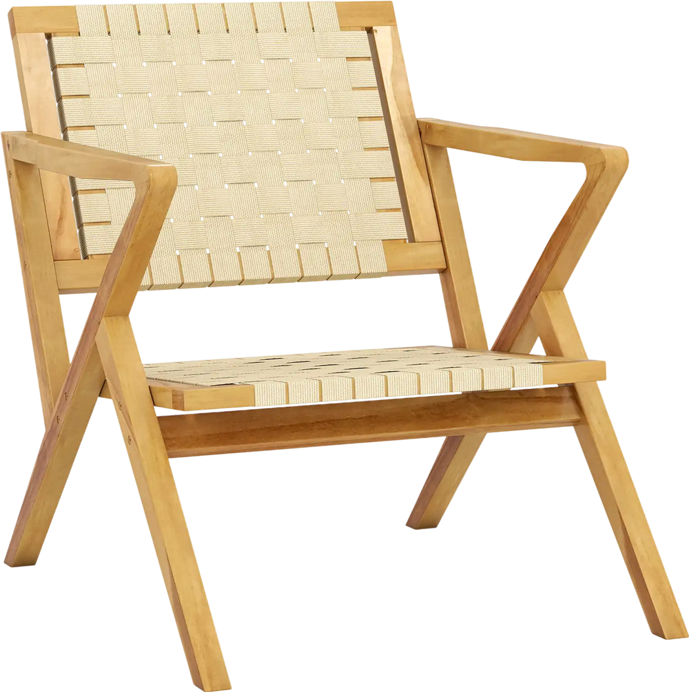 Teak wood patio chair with webbing seat and backrest, featuring wide armrests and slanted back for comfort.
