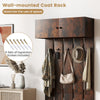 Wall-mounted coat rack in rustic brown with upper storage and five metal hooks, ideal for maximizing entryway space.