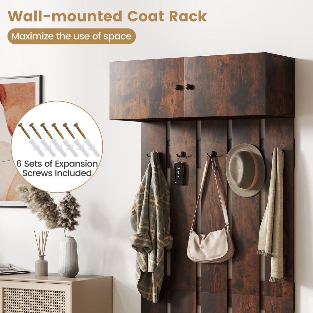 Wall-mounted coat rack in rustic brown with upper storage and five metal hooks, ideal for maximizing entryway space.