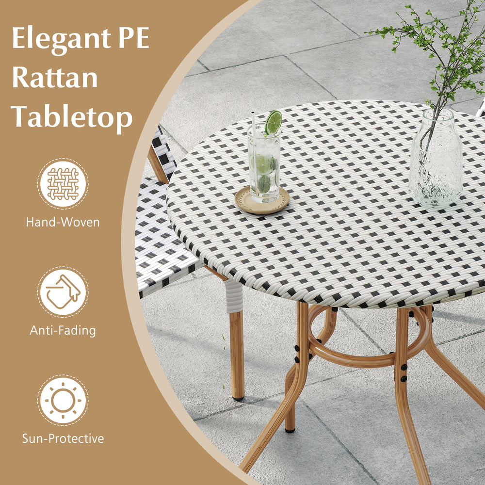 Round 27.5 inch outdoor bistro table with hand-woven PE rattan top and durable metal frame, perfect for patio use.