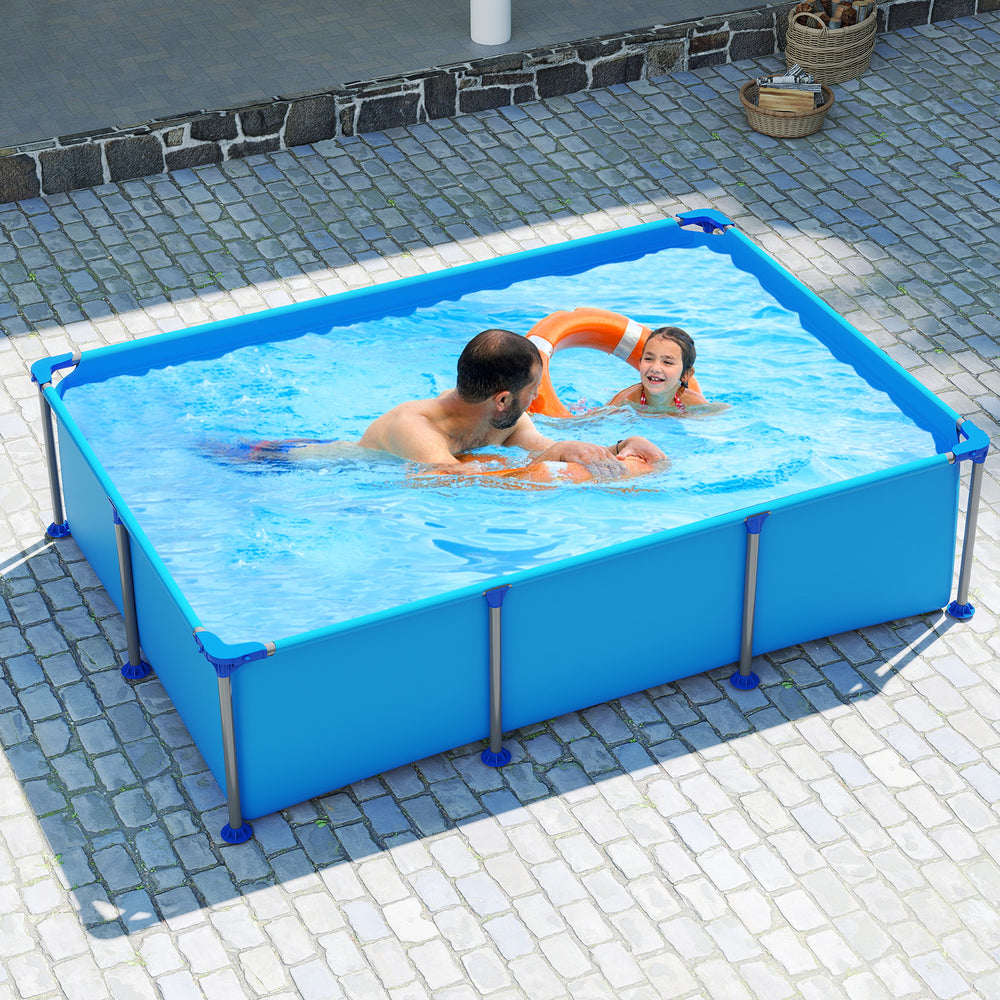 Family swimming in a 6 ft outdoor pool with a metal frame, showcasing sturdy construction and vibrant blue design.