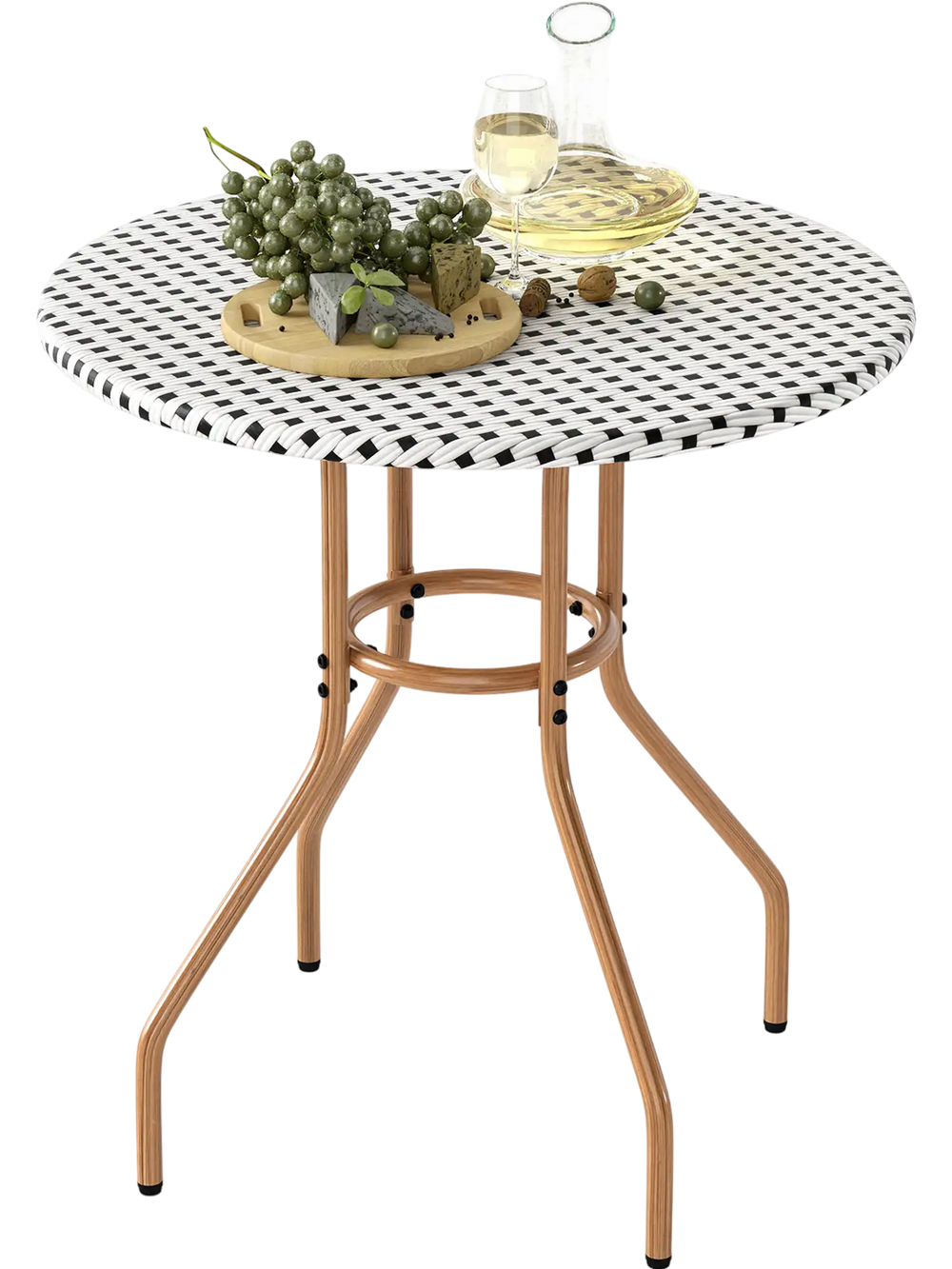 Round 27.5 inch outdoor bistro table with a heavy-duty metal frame and PE rattan top, perfect for patio gatherings.