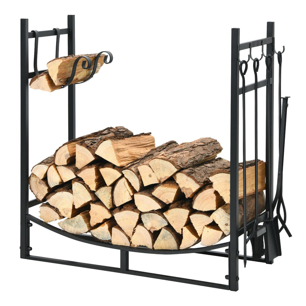 30-inch firewood rack with kindling holders and tool set, sturdy metal frame, ideal for indoor and outdoor storage.