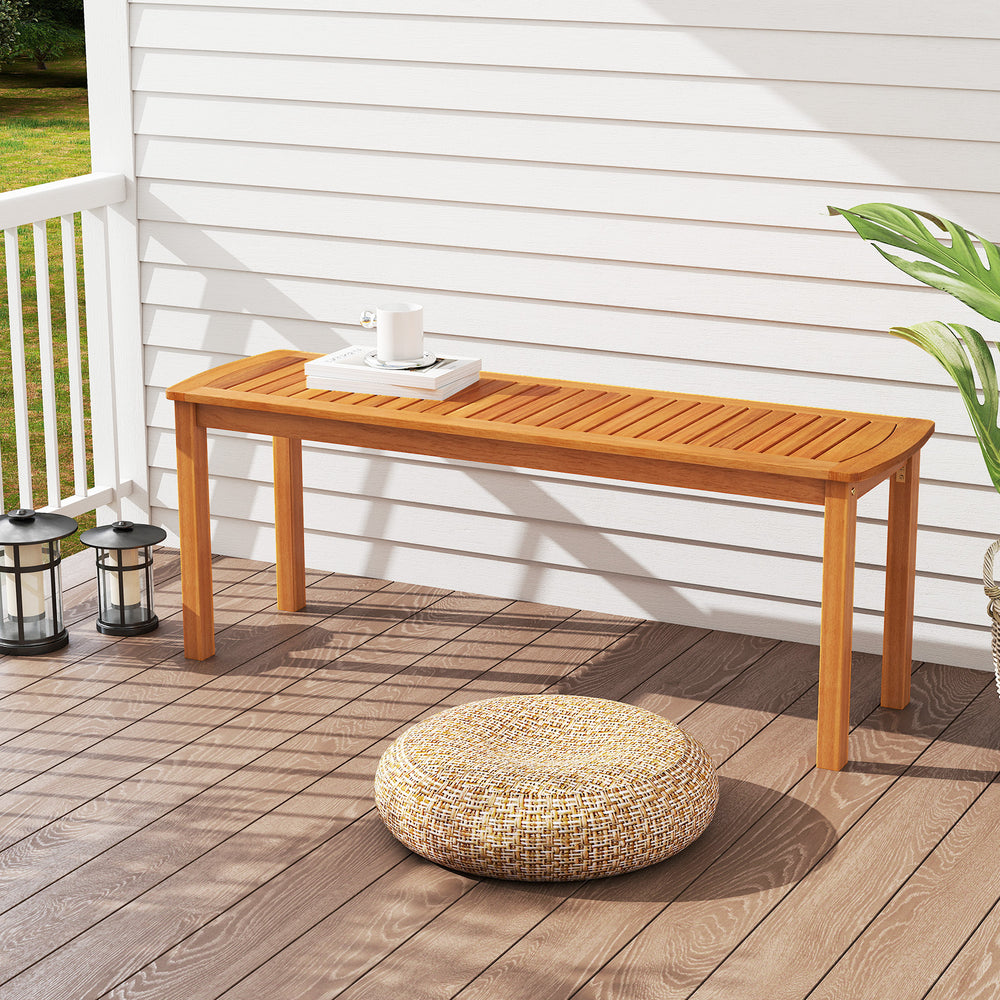 Acacia wood outdoor bench with slatted seat, perfect for garden use, featuring smooth finish and safe round corners.