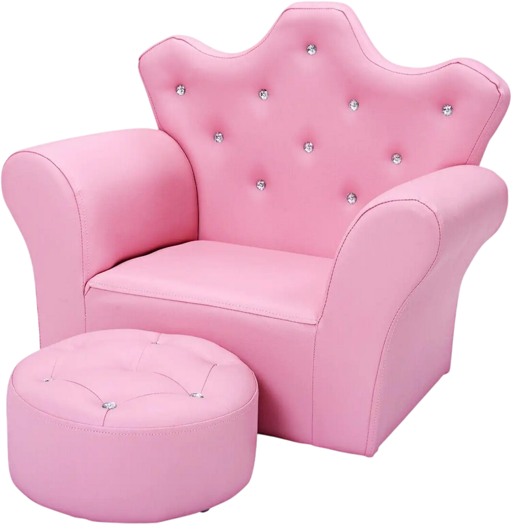 Pink kids sofa with a crown design and tufted ottoman, perfect for fun lounging or reading in a child's bedroom.