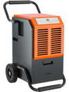Commercial dehumidifier in gray, removes 163 pints of moisture daily, portable with wheels, ideal for warehouses.