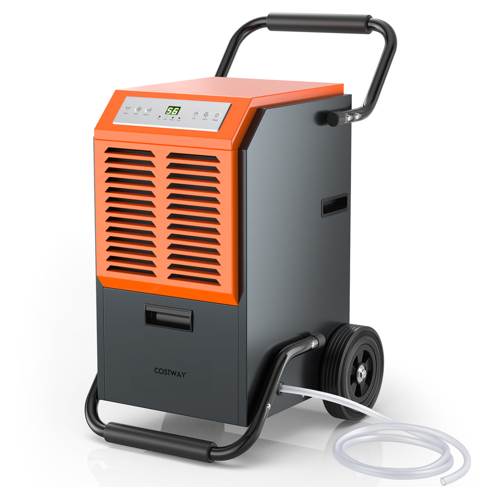 Commercial dehumidifier in gray with orange accents, removes 163 pints daily, ideal for warehouses and large spaces.