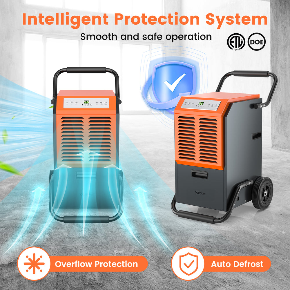 Commercial dehumidifier in gray, removing 163 pints of moisture daily, featuring overflow protection and portable.