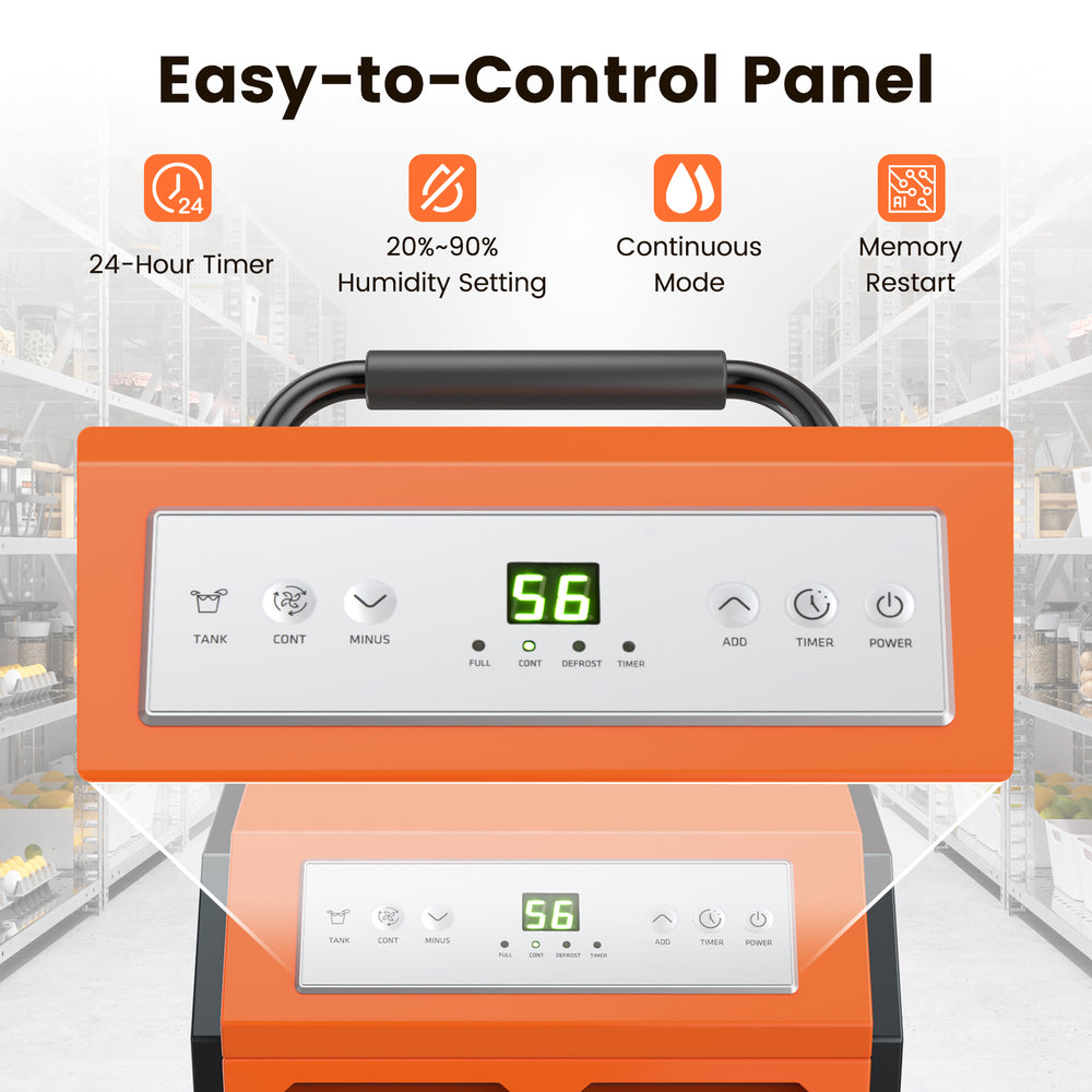 Easy-to-control panel of the 163 Pints Commercial Dehumidifier with timer and humidity settings for efficient moisture.