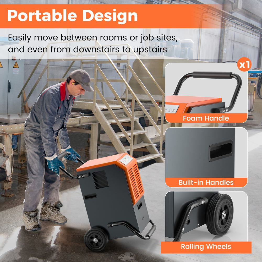 Portable 163 pints commercial dehumidifier with wheels and handles, ideal for warehouses and large spaces.