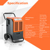 Commercial dehumidifier in gray, removing 163 pints/day, featuring wheels and a 6.5 ft drain hose for easy use.