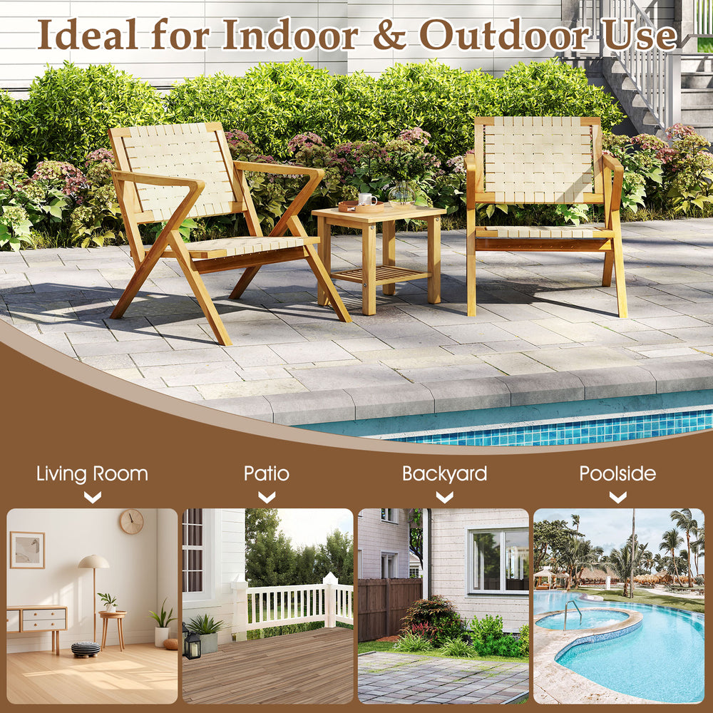 Teak wood patio chair with webbing seat, slanted backrest, and wide armrests, ideal for indoor and outdoor relaxation.