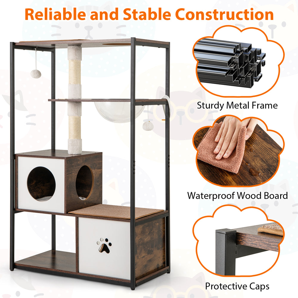 52-inch tall wooden cat tree with sturdy metal frame, 2 condos, removable cushions, and scratching posts for playful.