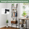 5-tier ladder bookcase in rustic brown with metal frame, featuring a pull-out drawer, ideal for home office storage.