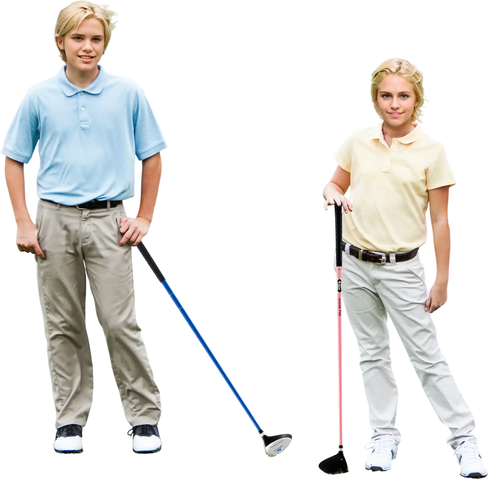 Junior #3 fairway wood golf club in pink with fiberglass shaft, designed for kids ages 11-14, featuring a rubber grip.
