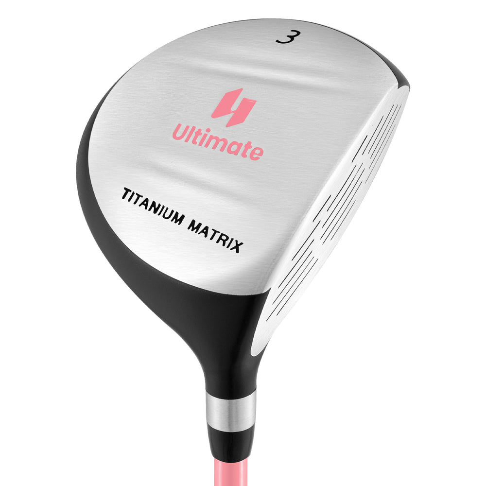 Junior #3 fairway wood golf club with aluminum alloy head, fiberglass shaft, and pink design for kids ages 11-14.