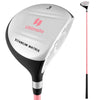 Junior #3 fairway wood golf club in pink, featuring a lightweight aluminum alloy head and fiberglass shaft for kids.