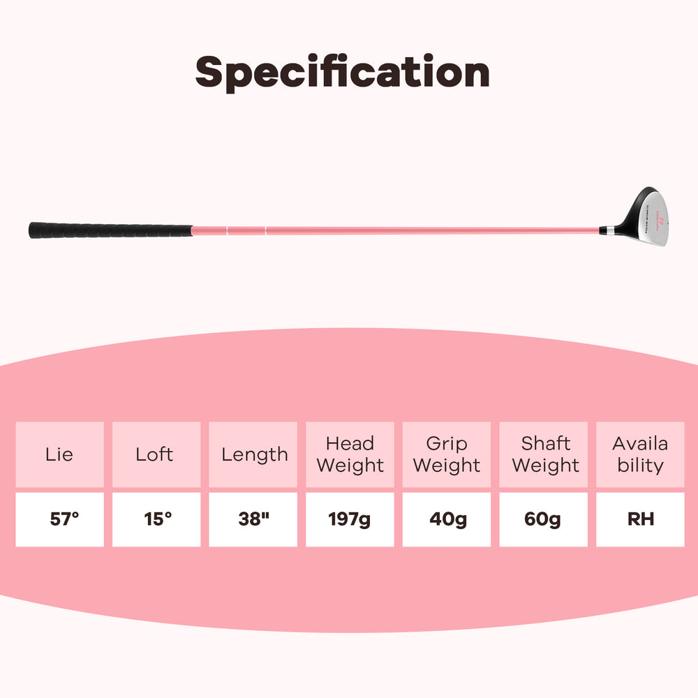 38-inch pink junior #3 fairway wood golf club with fiberglass shaft, designed for kids ages 11-14, featuring a rubber.