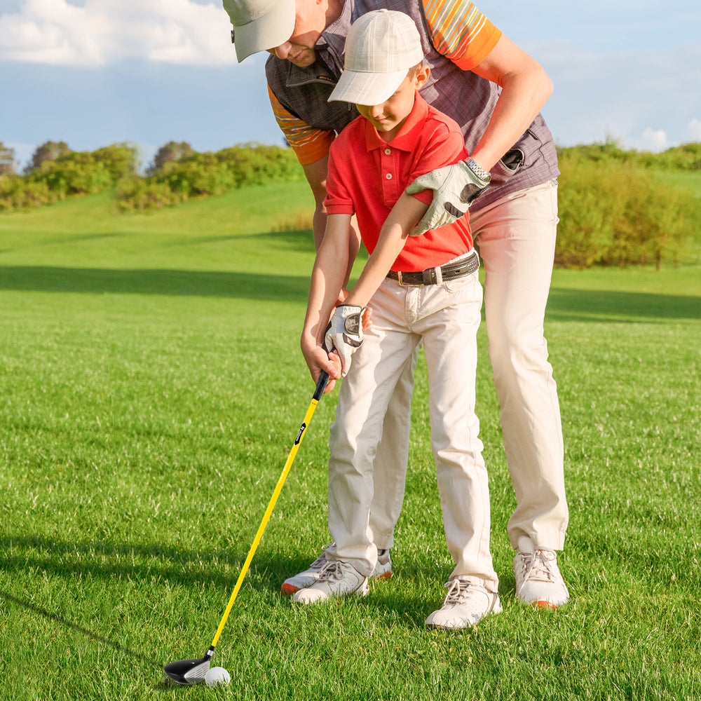 Junior #3 fairway wood golf club in yellow, designed for kids ages 8-10, featuring a fiberglass shaft and rubber grip.