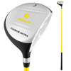 Junior #3 fairway wood golf club in yellow with aluminum alloy head, fiberglass shaft, and rubber grip for kids ages.