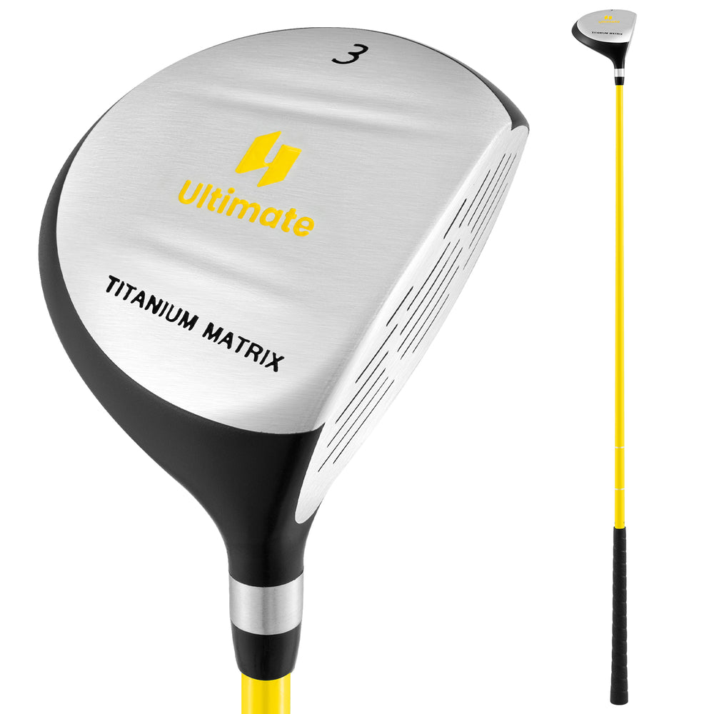 Junior #3 fairway wood golf club in yellow with aluminum alloy head, fiberglass shaft, and rubber grip for kids ages.