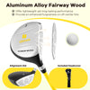 34-inch junior #3 fairway wood golf club in yellow with aluminum alloy head and fiberglass shaft, ideal for kids ages.