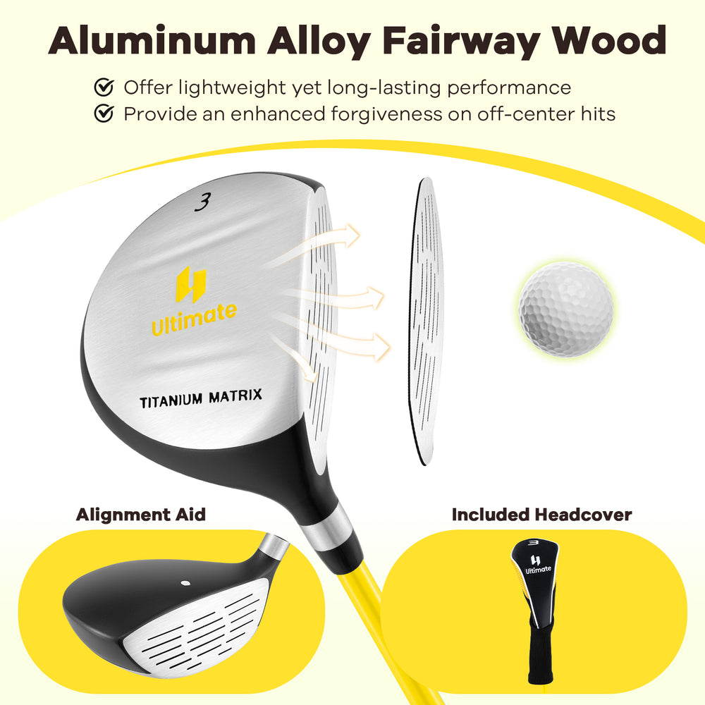 34-inch junior #3 fairway wood golf club in yellow with aluminum alloy head and fiberglass shaft, ideal for kids ages.
