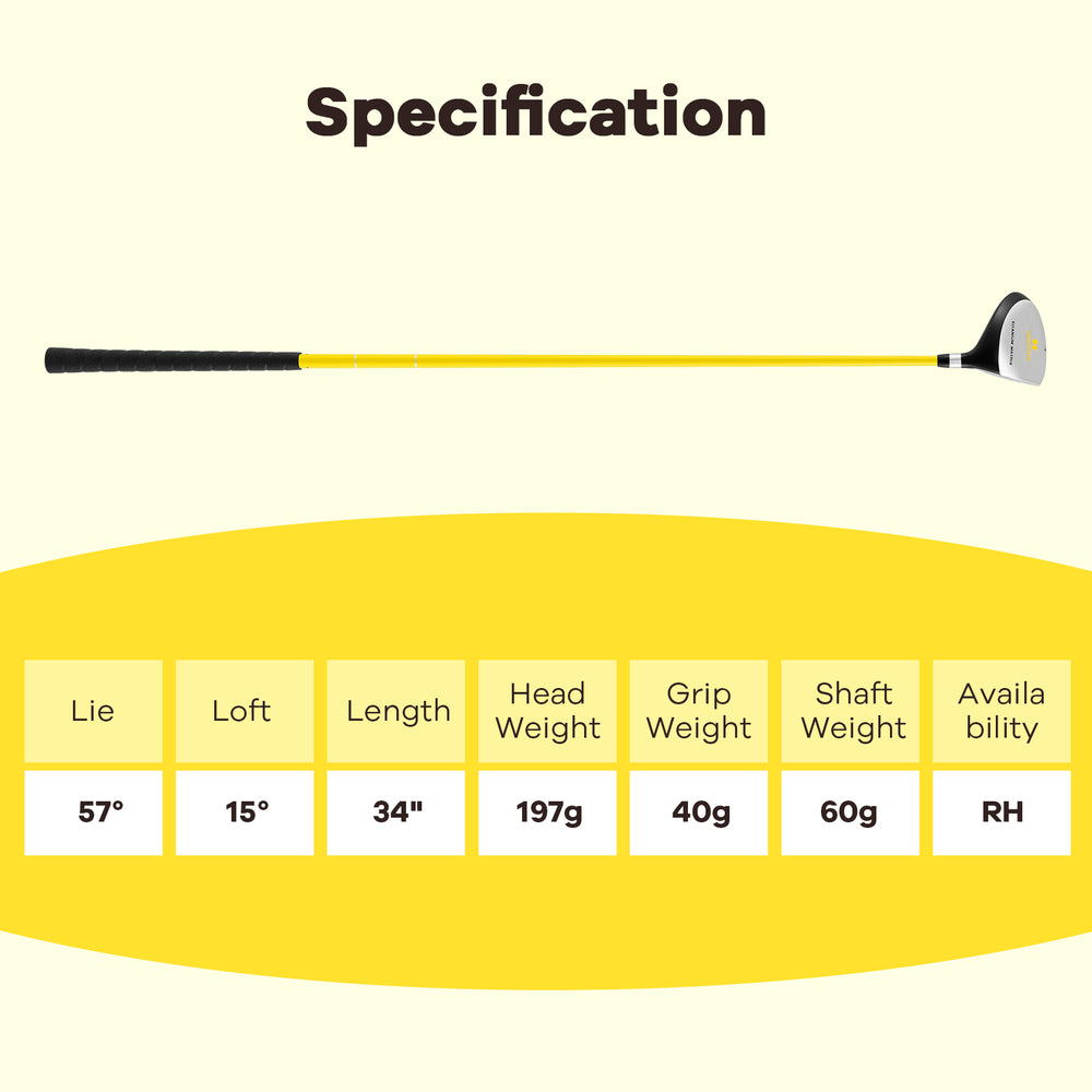 34-inch junior #3 fairway wood golf club in yellow with fiberglass shaft, designed for kids ages 8-10, includes.