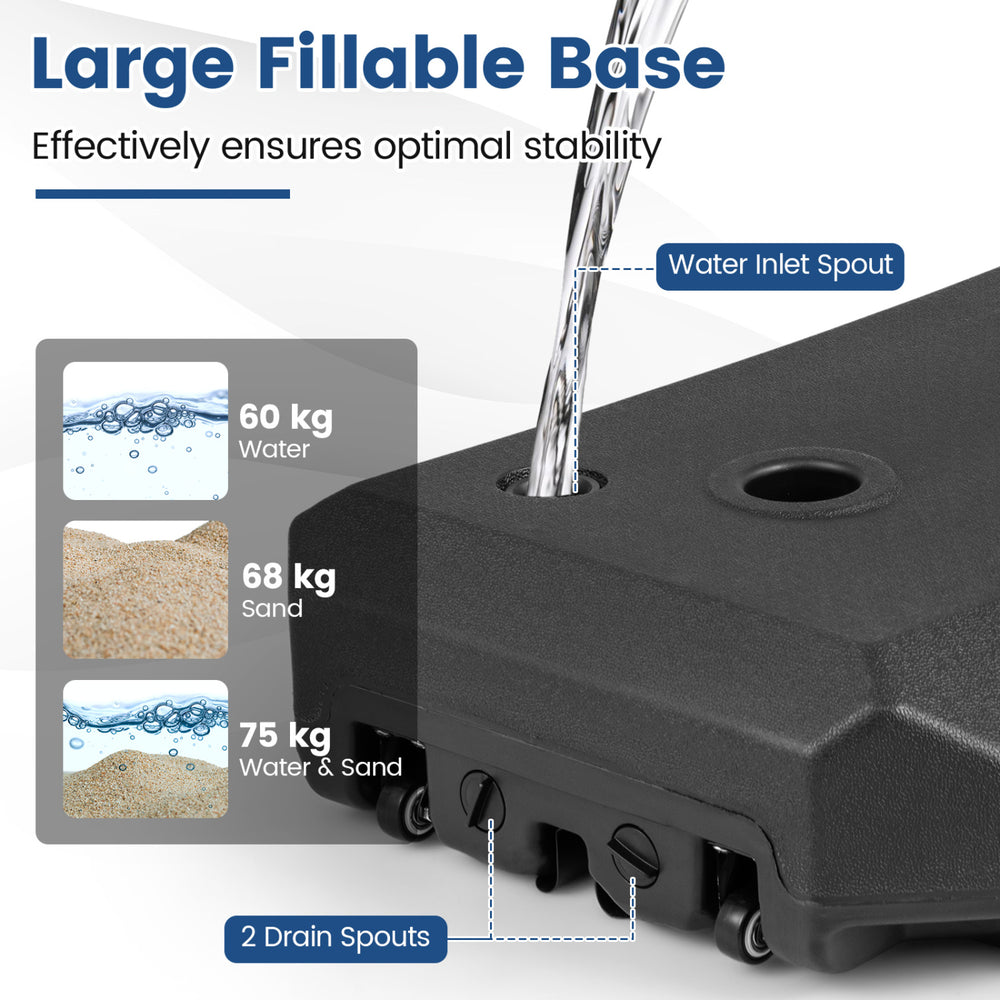 Large fillable base for 165 LBS cantilever umbrella, made of HDPE, featuring water inlet and drainage holes for easy.