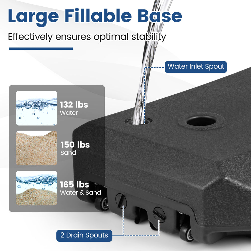 Large fillable base for 165 lbs cantilever umbrella, featuring water inlet, drainage holes, and smooth wheels for easy.