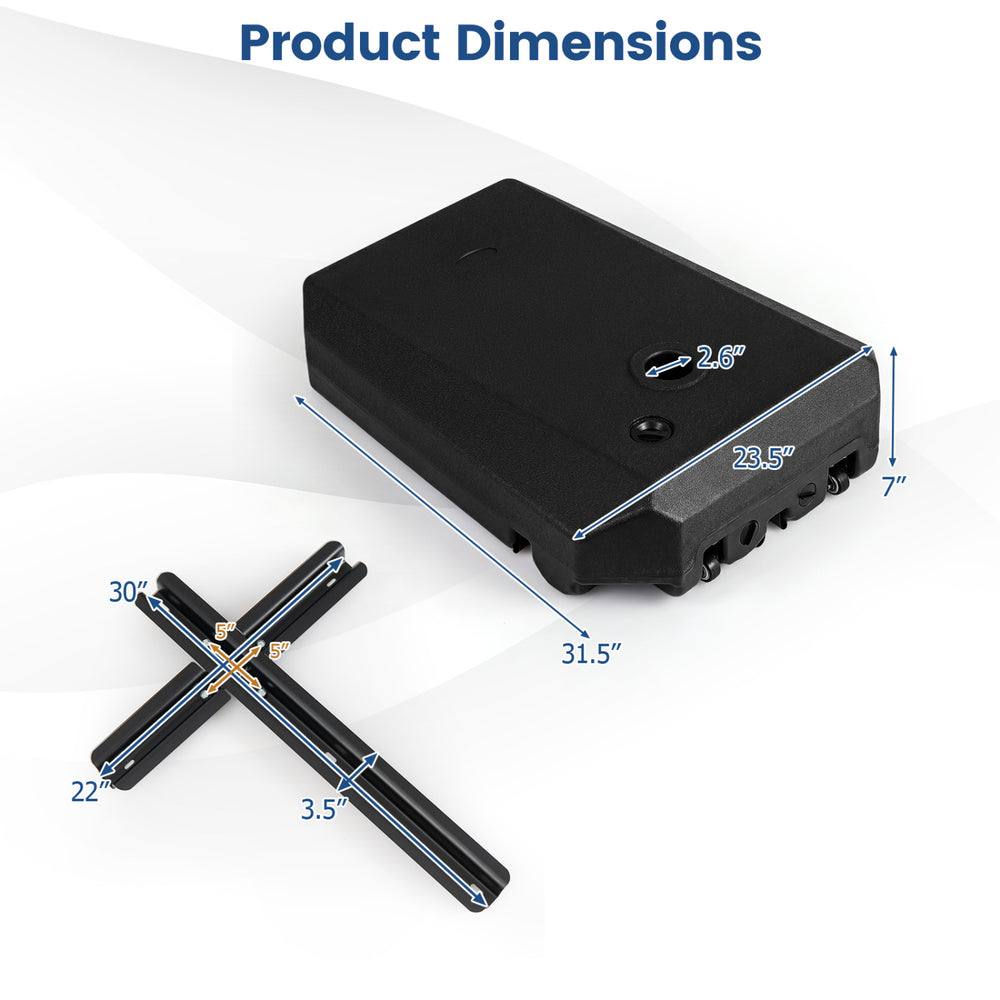 Cantilever umbrella base with wheels, featuring a large capacity design, HDPE material, and cross base for stability.