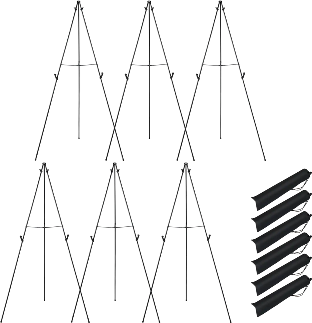 Set of six 166 cm black metal easel stands with movable card slots, ideal for presentations and events.