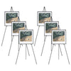 Set of six black metal easel stands with adjustable heights, ideal for presentations at weddings and art exhibits.