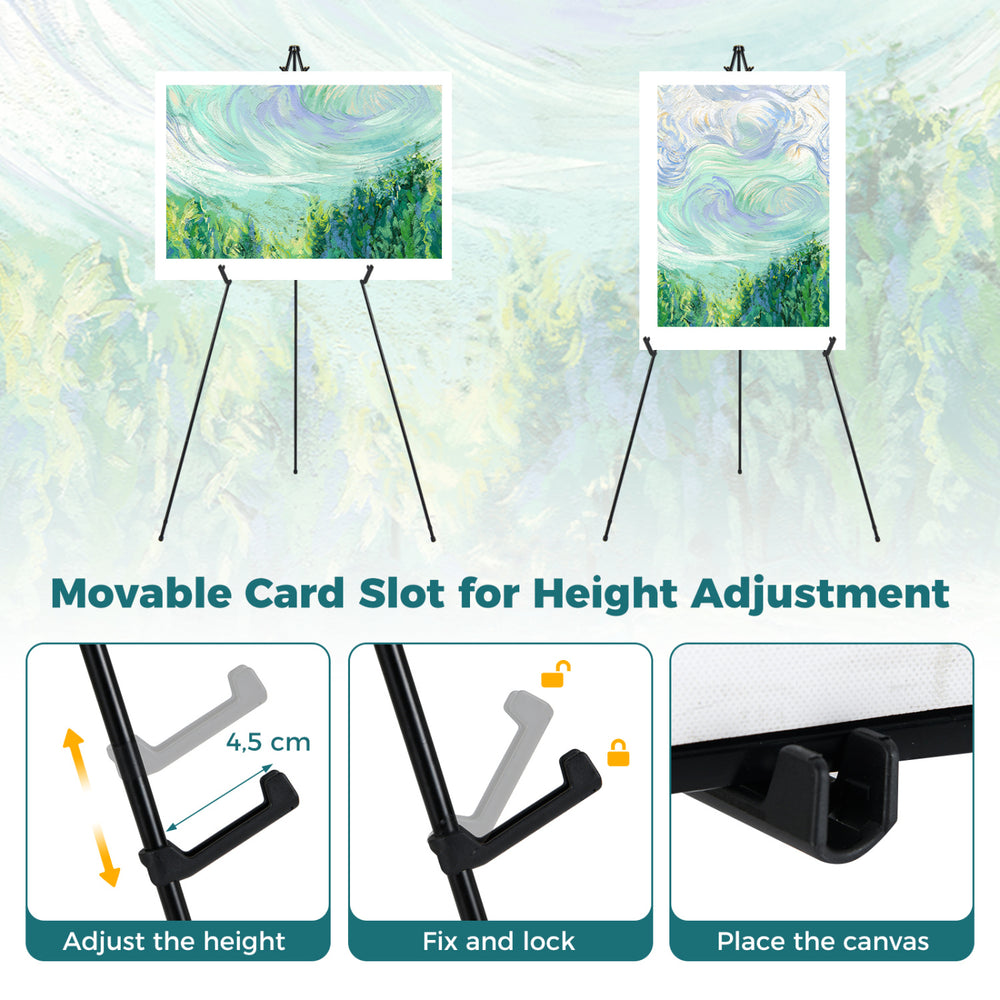 Metal easel stand set with adjustable height, strong frames, and anti-slip pads, ideal for art exhibits and.