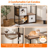 Wooden cat tree with 2 condos and soft cushions, featuring a transparent space capsule for playful lounging.