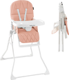 Compact pink highchair with adjustable tray, removable cushion, and foldable design for easy storage and transport.