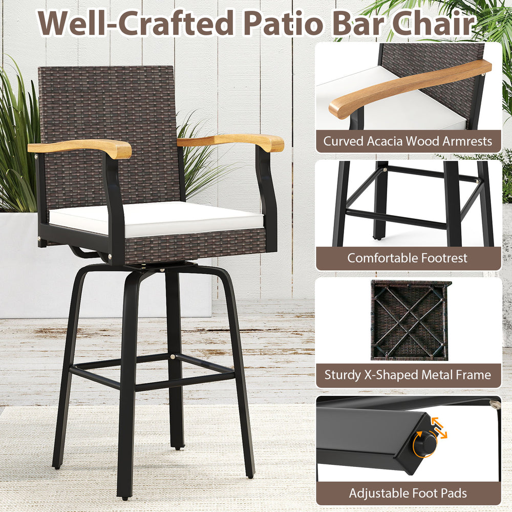 Patio bar chair with brown PE rattan, acacia wood armrests, and a 360° swivel seat, perfect for outdoor relaxation.