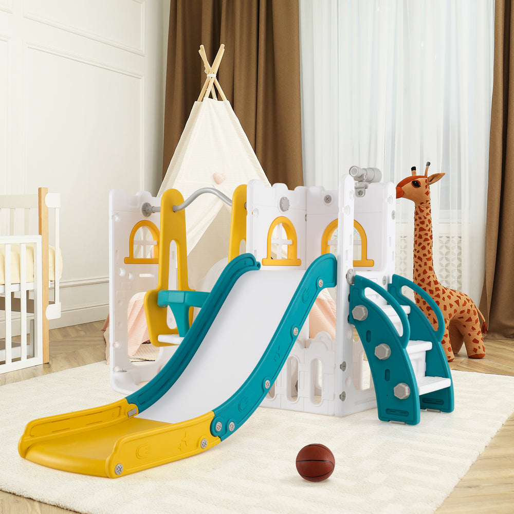 7-in-1 Toddler Swing and Slide Set L-shaped with Ladder and Basketball Hoop-Yellow - Gallery View 1 of 11