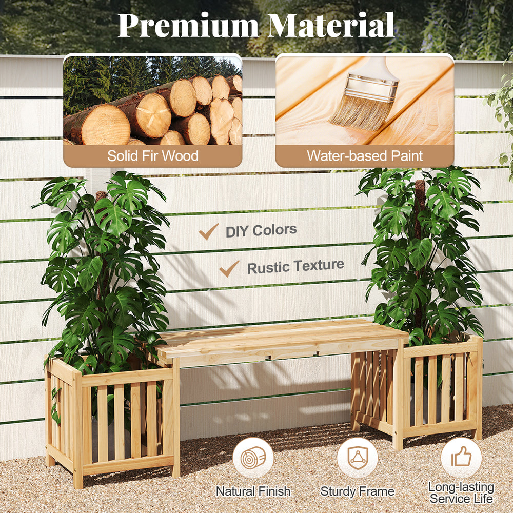 Patio wooden bench with planter made of fir wood, featuring a natural finish and sturdy design for outdoor spaces.