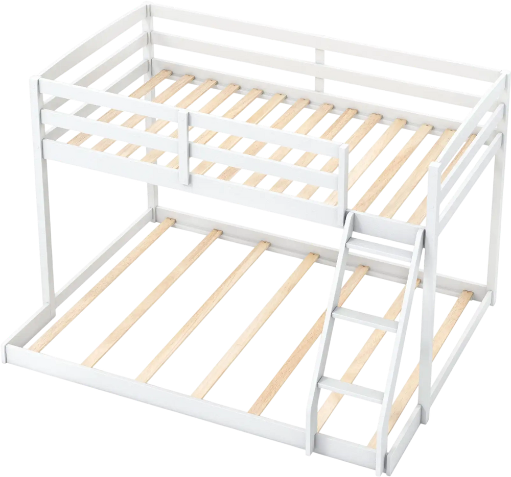 White twin over full low floor bunk bed frame with solid pine wood, integrated ladder, and full-length guardrails for.