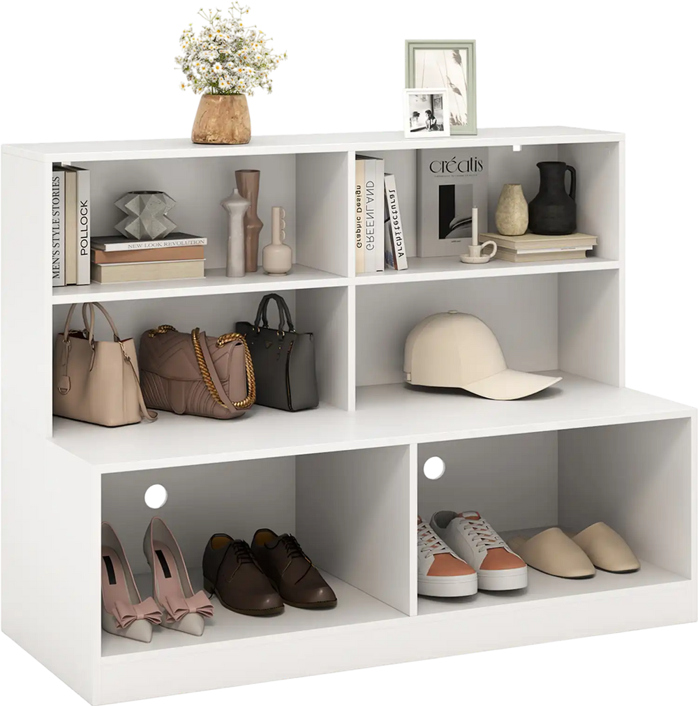 Entryway shoe cabinet in white with 4 storage cubes and 2 compartments, ideal for organizing shoes and accessories.