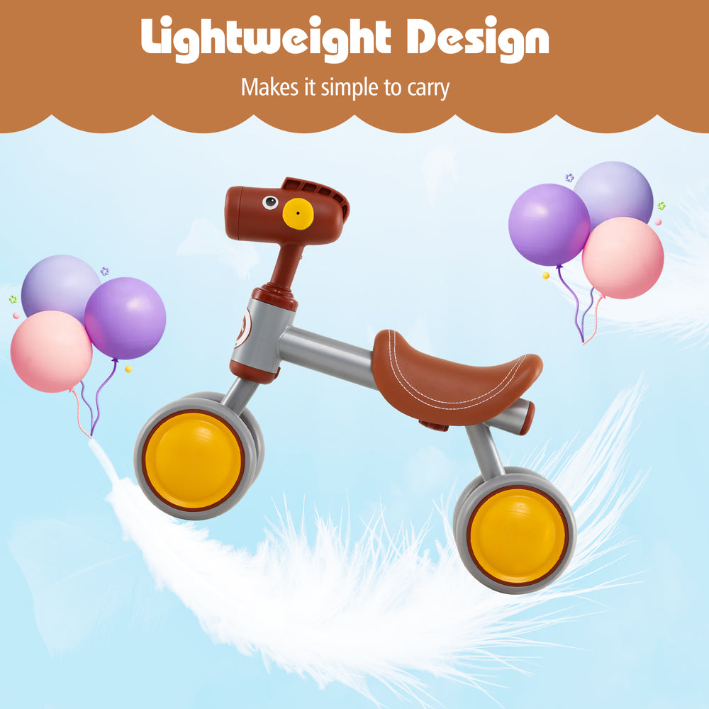 Baby balance bike with cute horse head design, lightweight carbon steel frame, and EVA foam wheels for toddlers.
