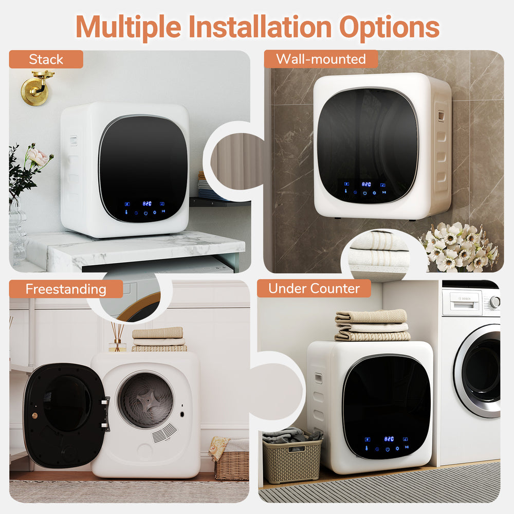Portable clothes dryer shown in freestanding position, featuring 800W power, 1.5 cu.ft capacity, and multiple.
