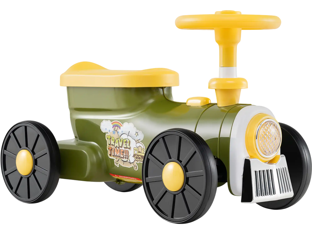 Green ride-on toy with steering wheel, train whistle sound, and under-seat storage for children aged 19-36 months.