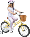 16-inch kids bike in yellow with a basket, adjustable seat, handbrake, and training wheels for children aged 4-7.