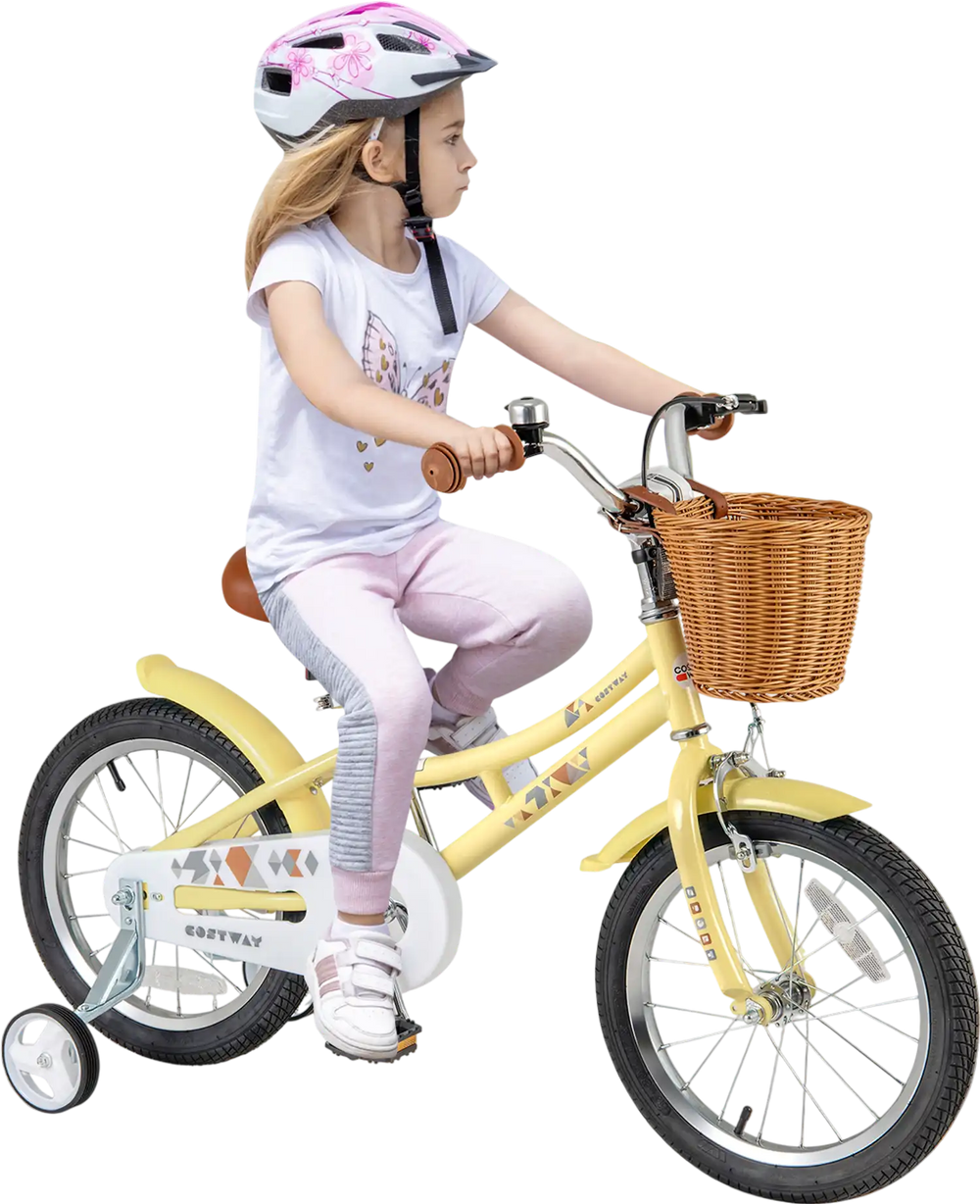 16-inch kids bike in yellow with a basket, adjustable seat, handbrake, and training wheels for children aged 4-7.