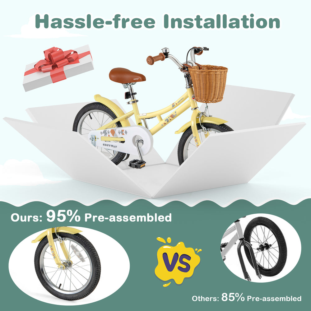16-inch kids bike with adjustable seat, reflectors, and basket, 95% pre-assembled for easy setup and safety.