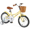 16-inch kids bike in yellow with adjustable seat, training wheels, bell, and basket for children aged 4-7 years.
